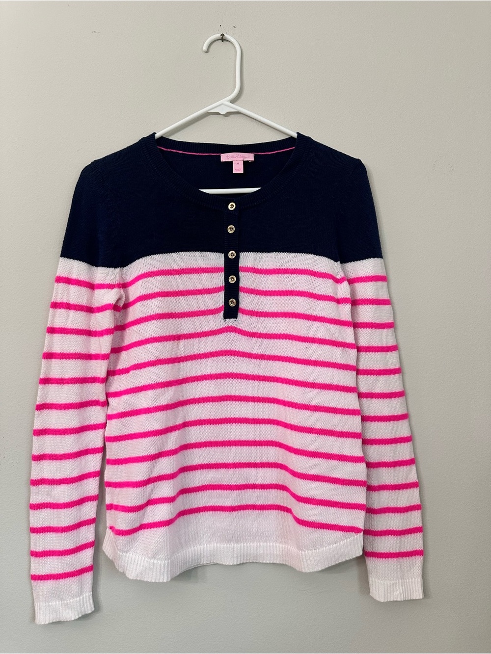 Lilly Pulitzer Navy, Hot Pink & White Striped Henley Sweater
